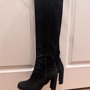 Stuart Weitzman Black Suede Over-the-Knee Block Heel Boots